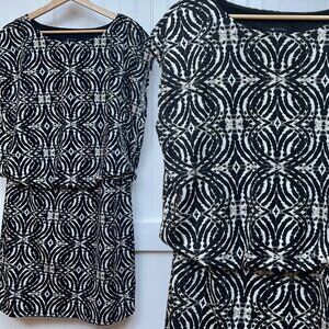 AB Studio Women's Black Ivory Geometric Print Blouson Dress Size M